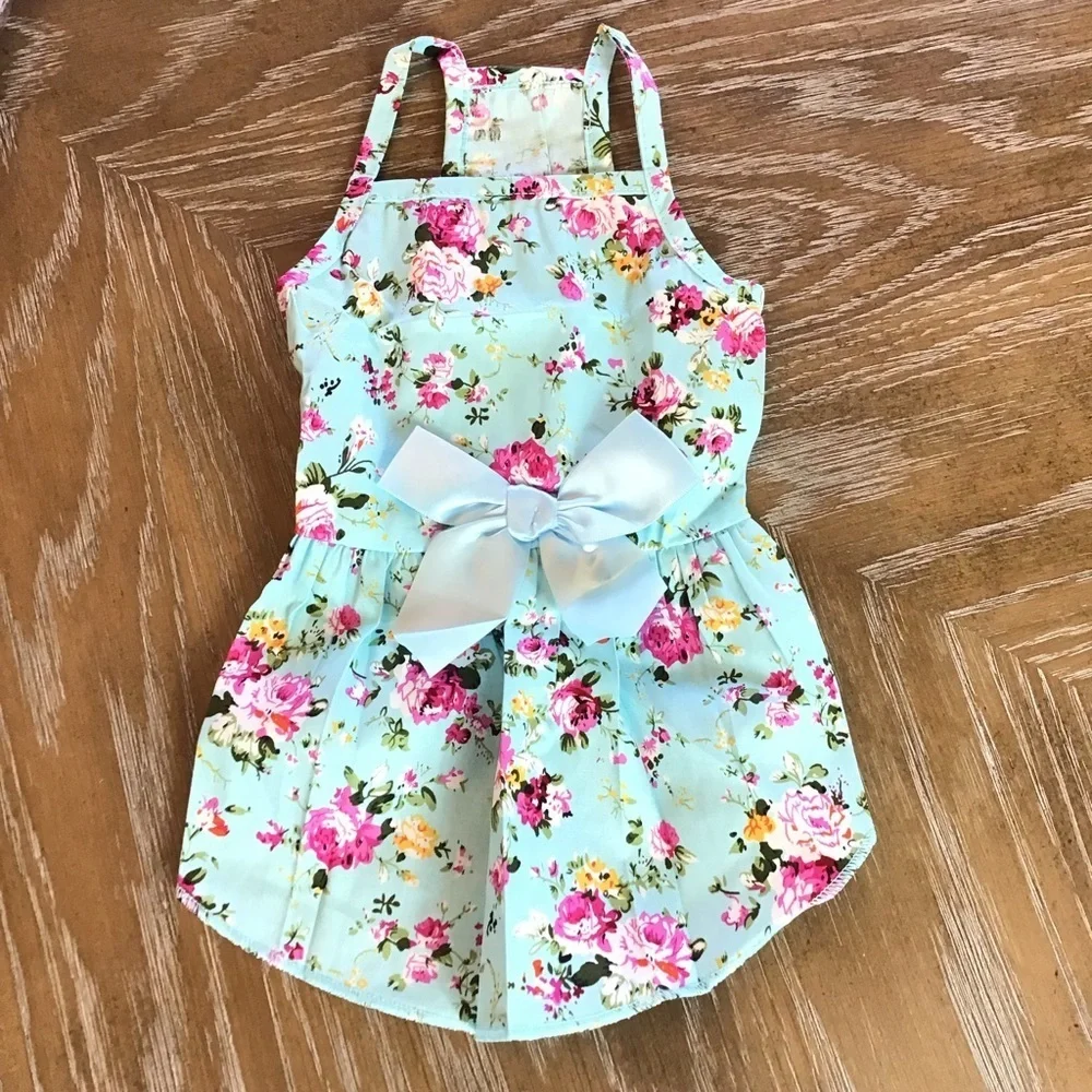 Blue Floral Halter Ribbon Bow Dog Pet Party Fancy Dress Size Large